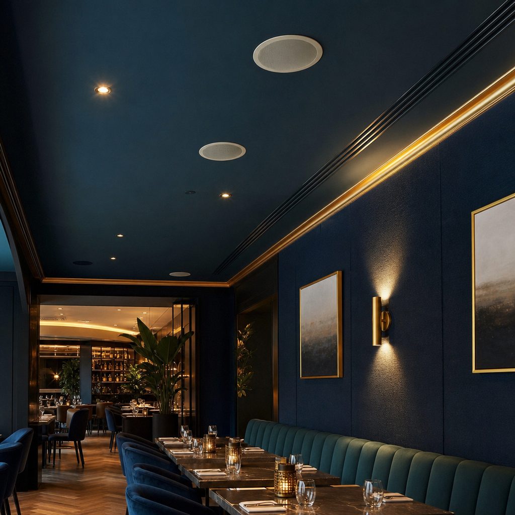 Professionelle Lautsprecherinstallation in einem modernen Restaurant mit warmer Beleuchtung