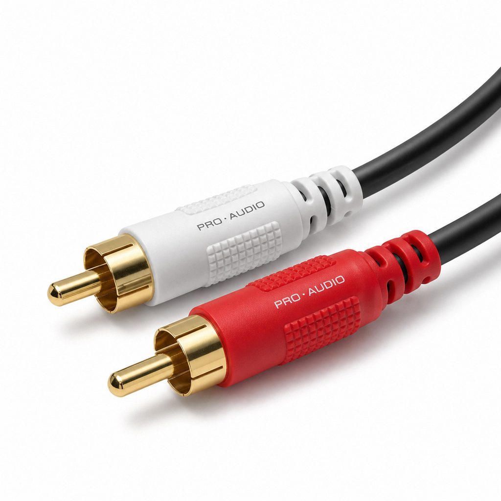 Verschiedene RCA-Cinch-Kabel und Stecker in Rot, Weiß und Gelb